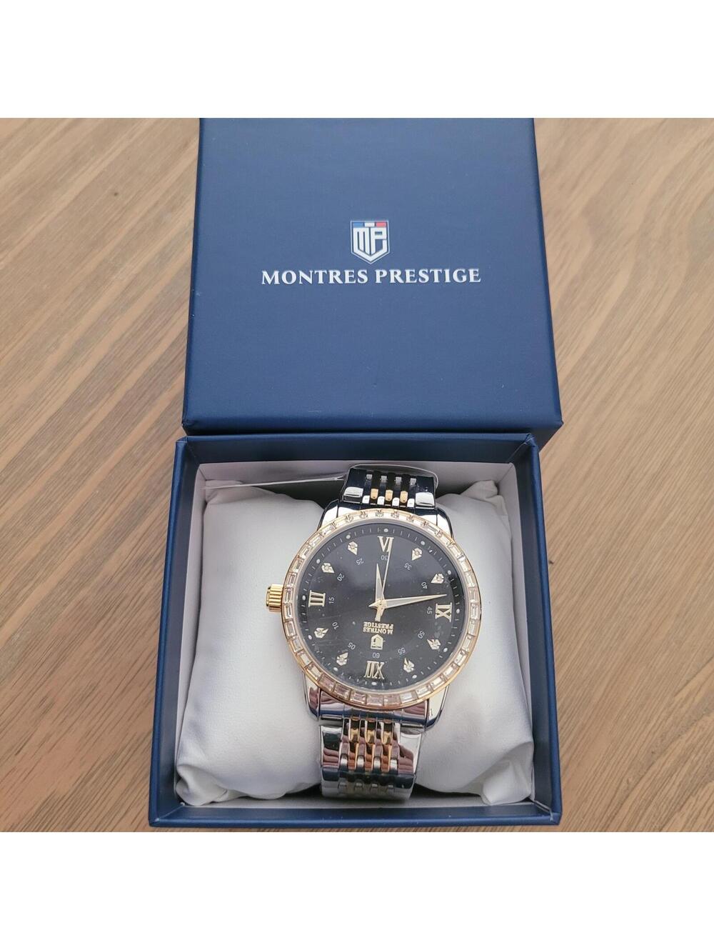 Montres Prestige Two-Tone Men's Wristwatch with Black Dial and Crystal Accents